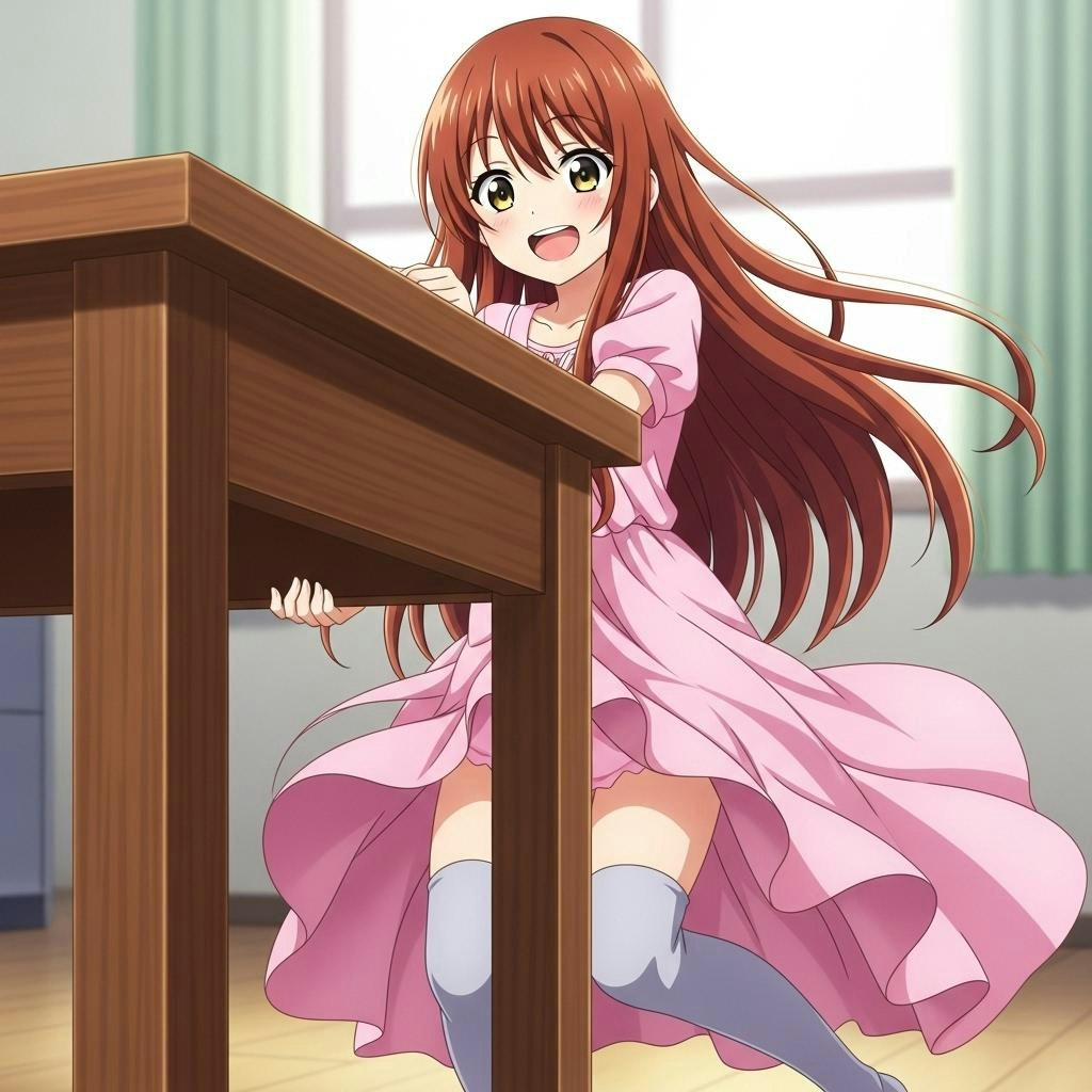 机の角と一般通過女の子