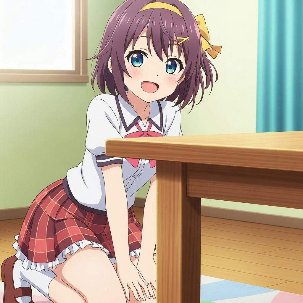 机の角と一般通過女の子