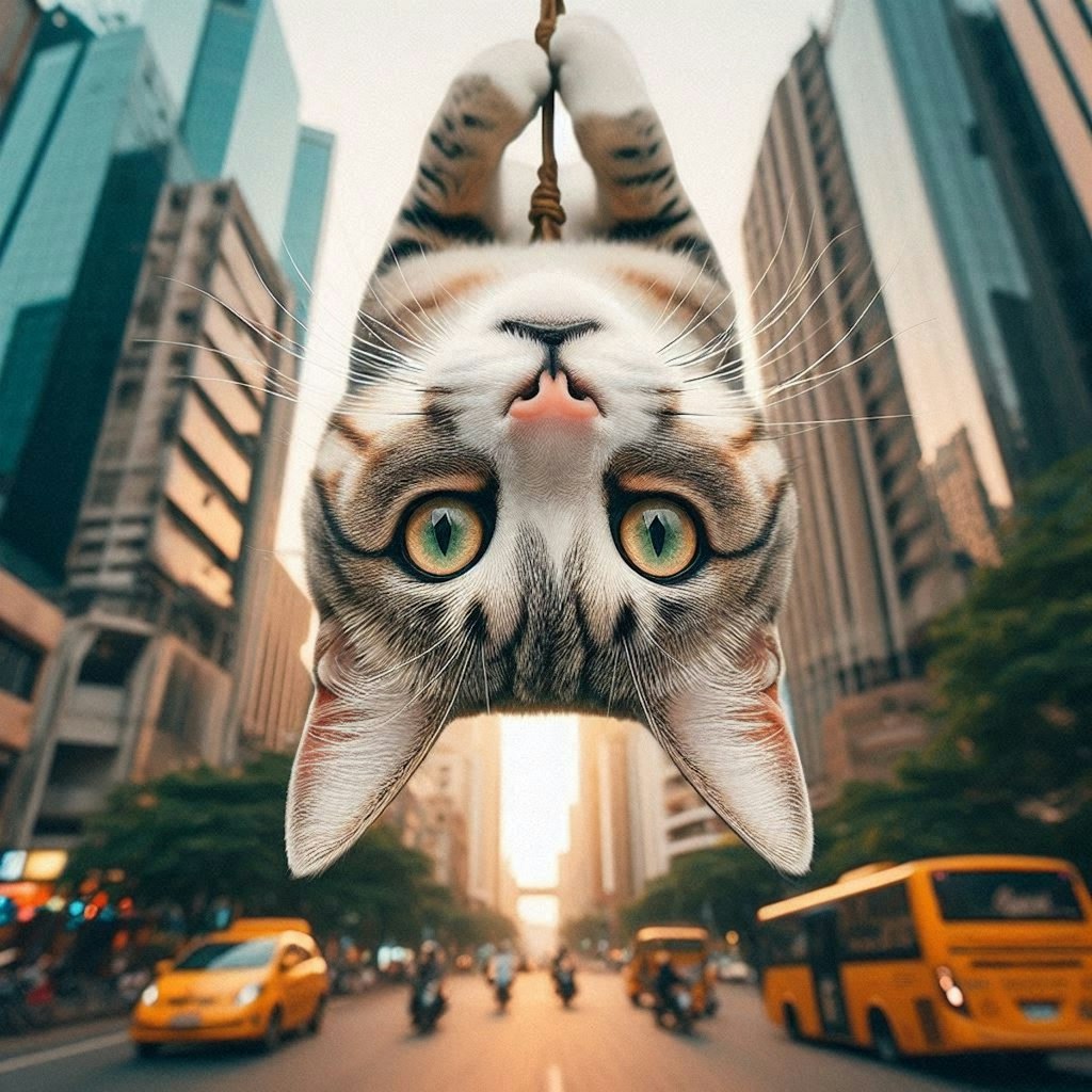 逆さ吊りの猫