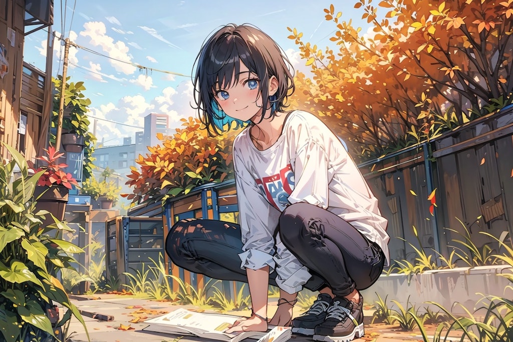 A young man sitting and resting in an alley where autumn has come