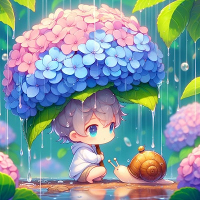 紫陽花と雨とちびちゃん