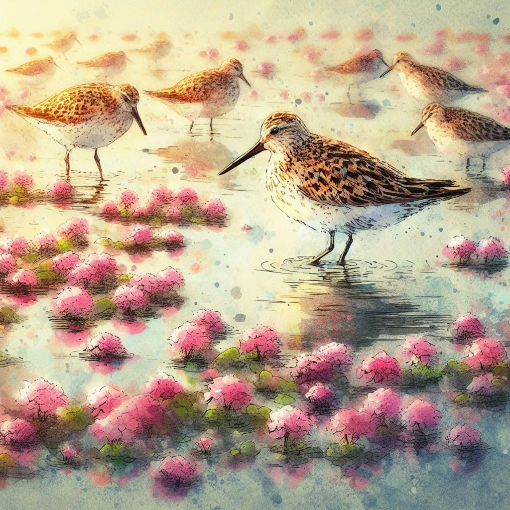 Shorebirds in duckweed pond