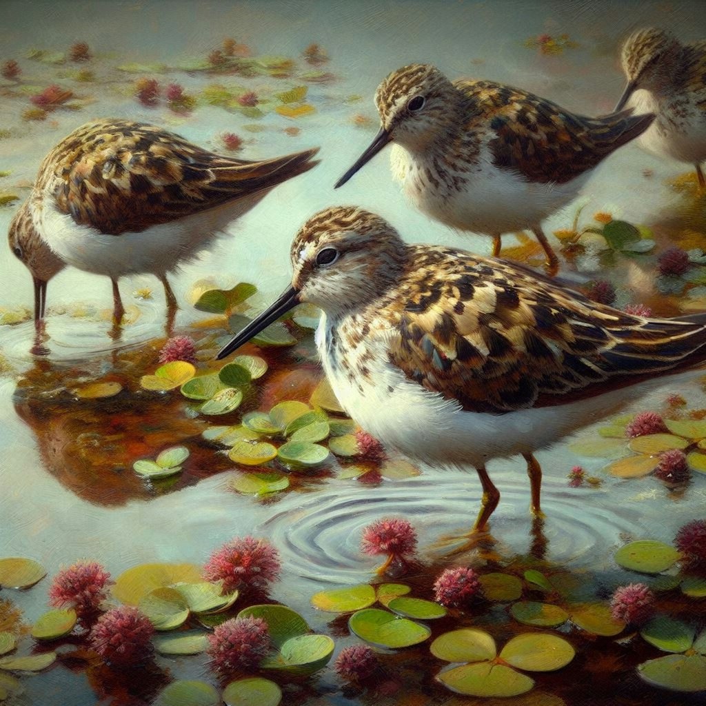 Shorebirds in duckweed pond