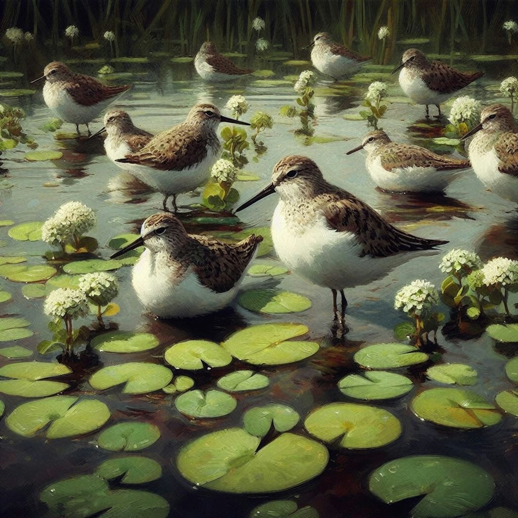 Shorebirds in duckweed pond