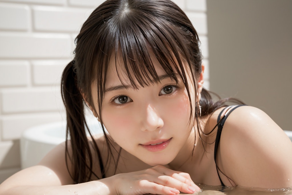 入浴中のツインテールの女性