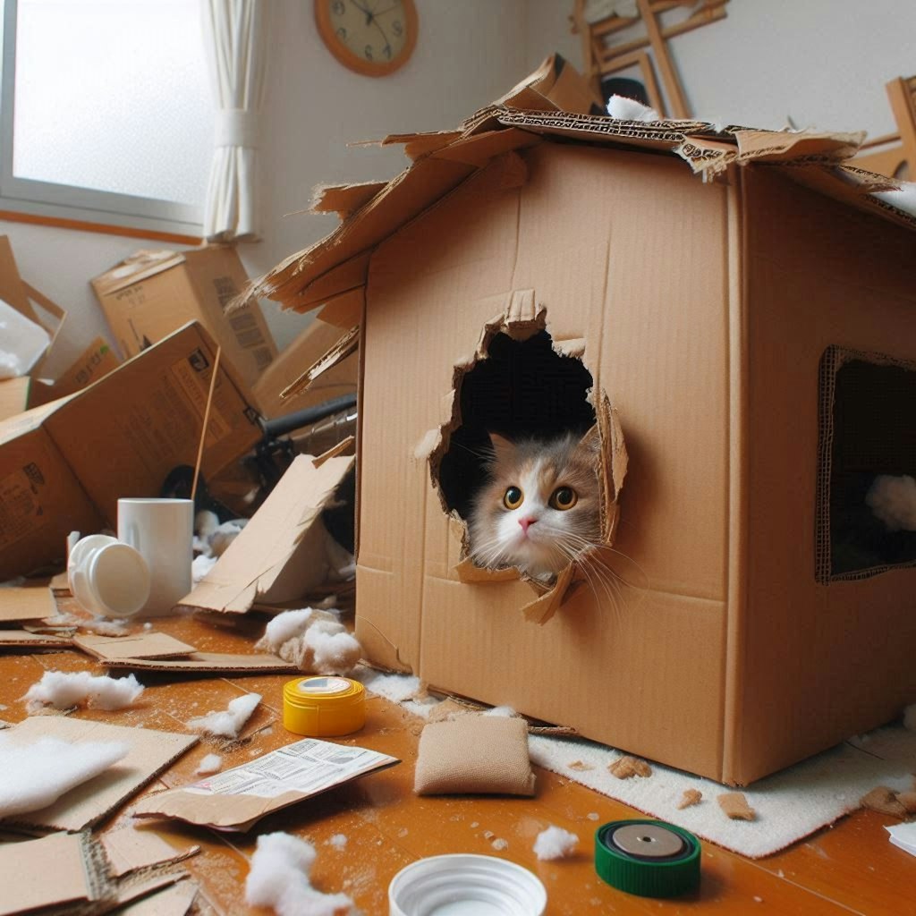 台風に備える猫