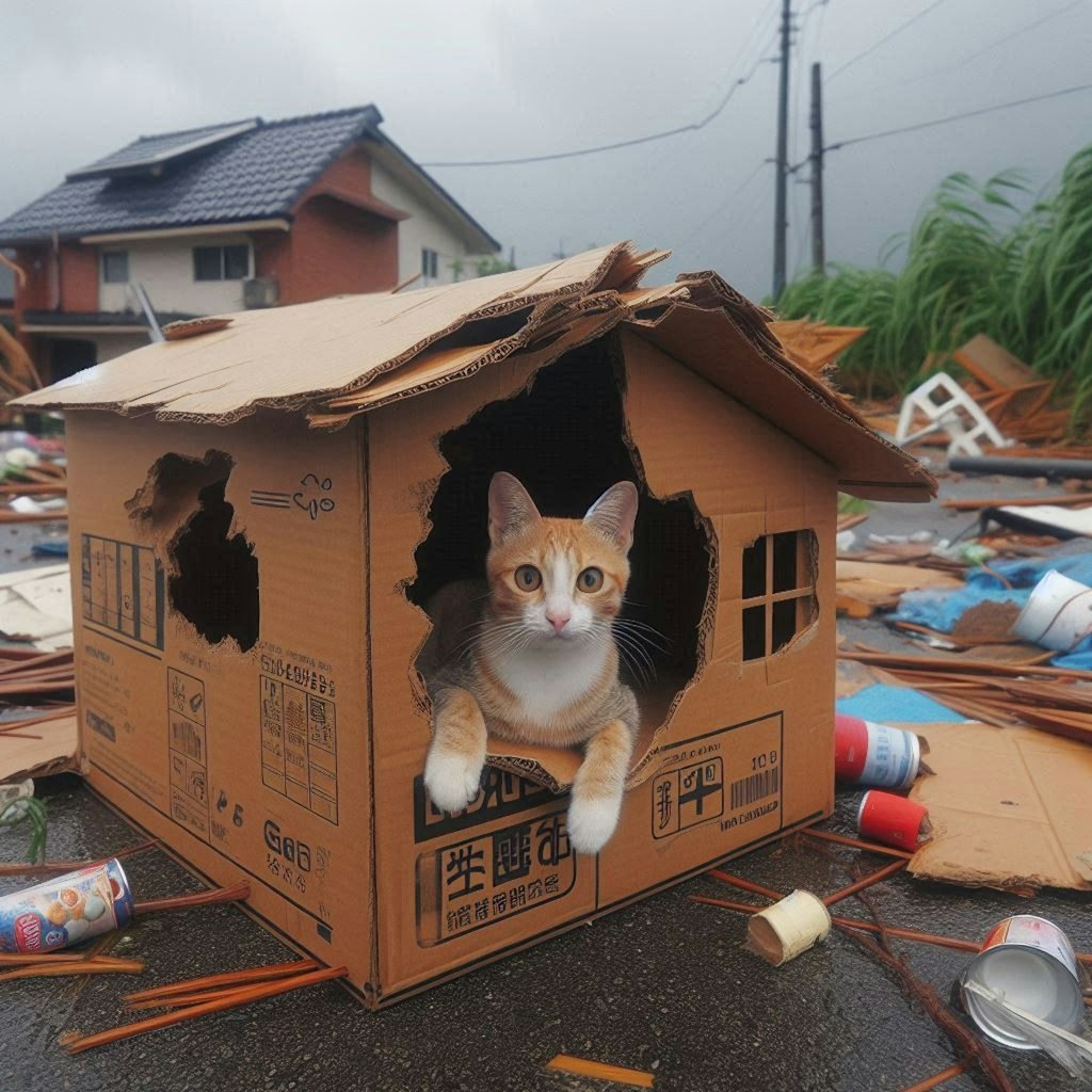 台風に備える猫