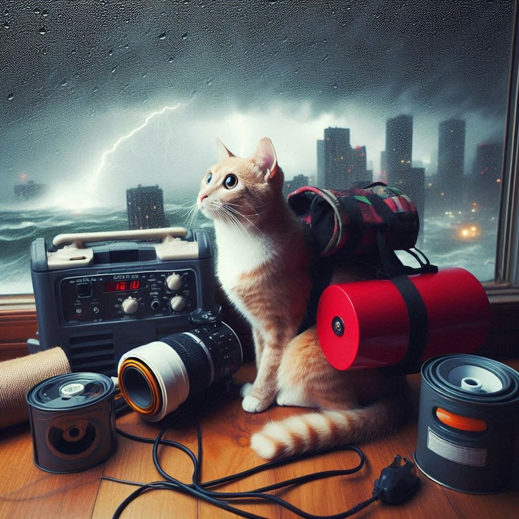 台風に備える猫