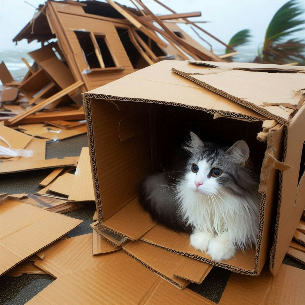 台風に備える猫