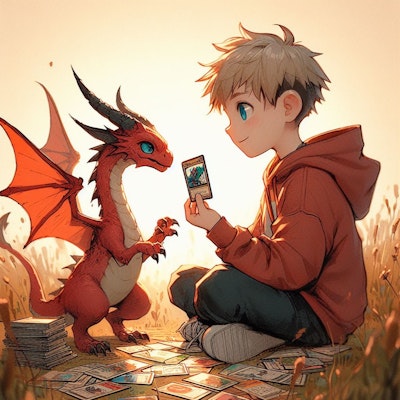 トレカで遊ぶ少年と赤いドラゴン