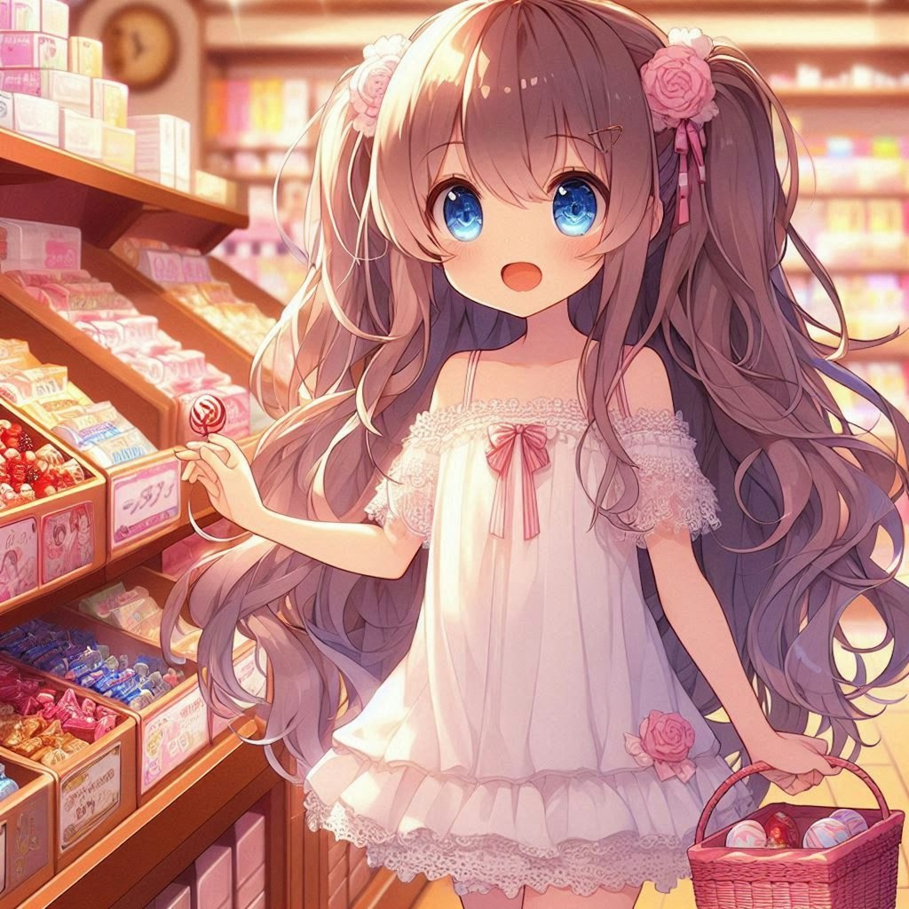 駄菓子屋で買い物をする小さな女の子