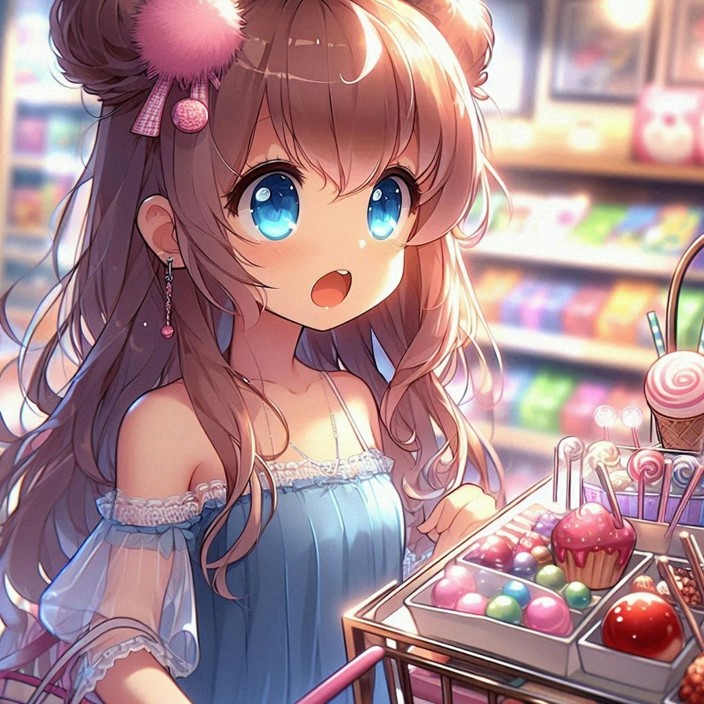 駄菓子屋で買い物をする小さな女の子