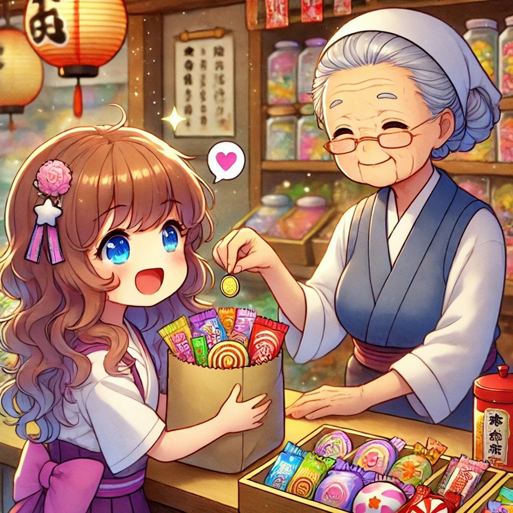 駄菓子屋で買い物をする小さな女の子