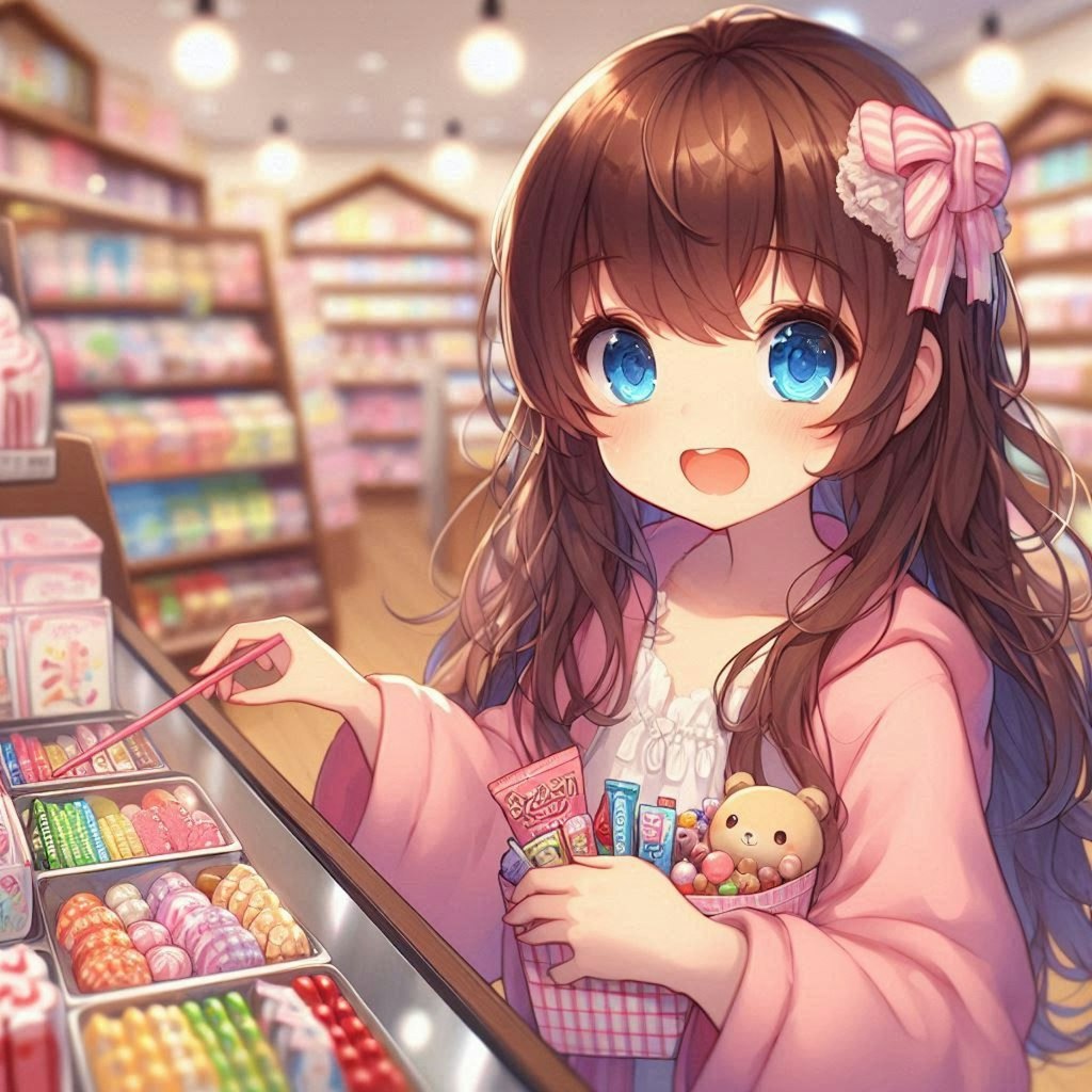 駄菓子屋で買い物をする小さな女の子