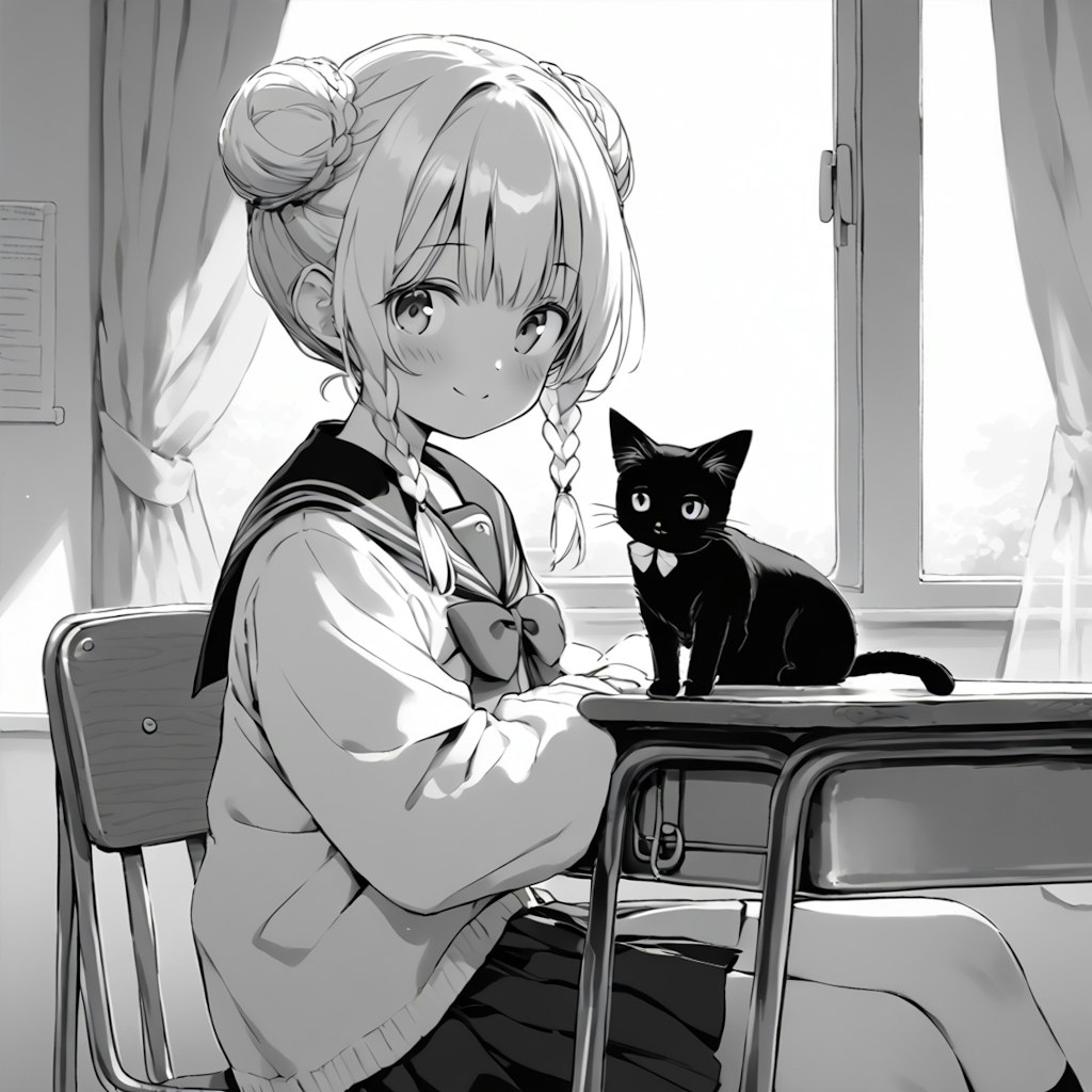 猫と少女　黒猫