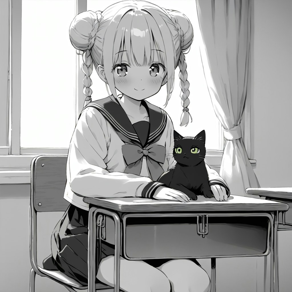 猫と少女　黒猫