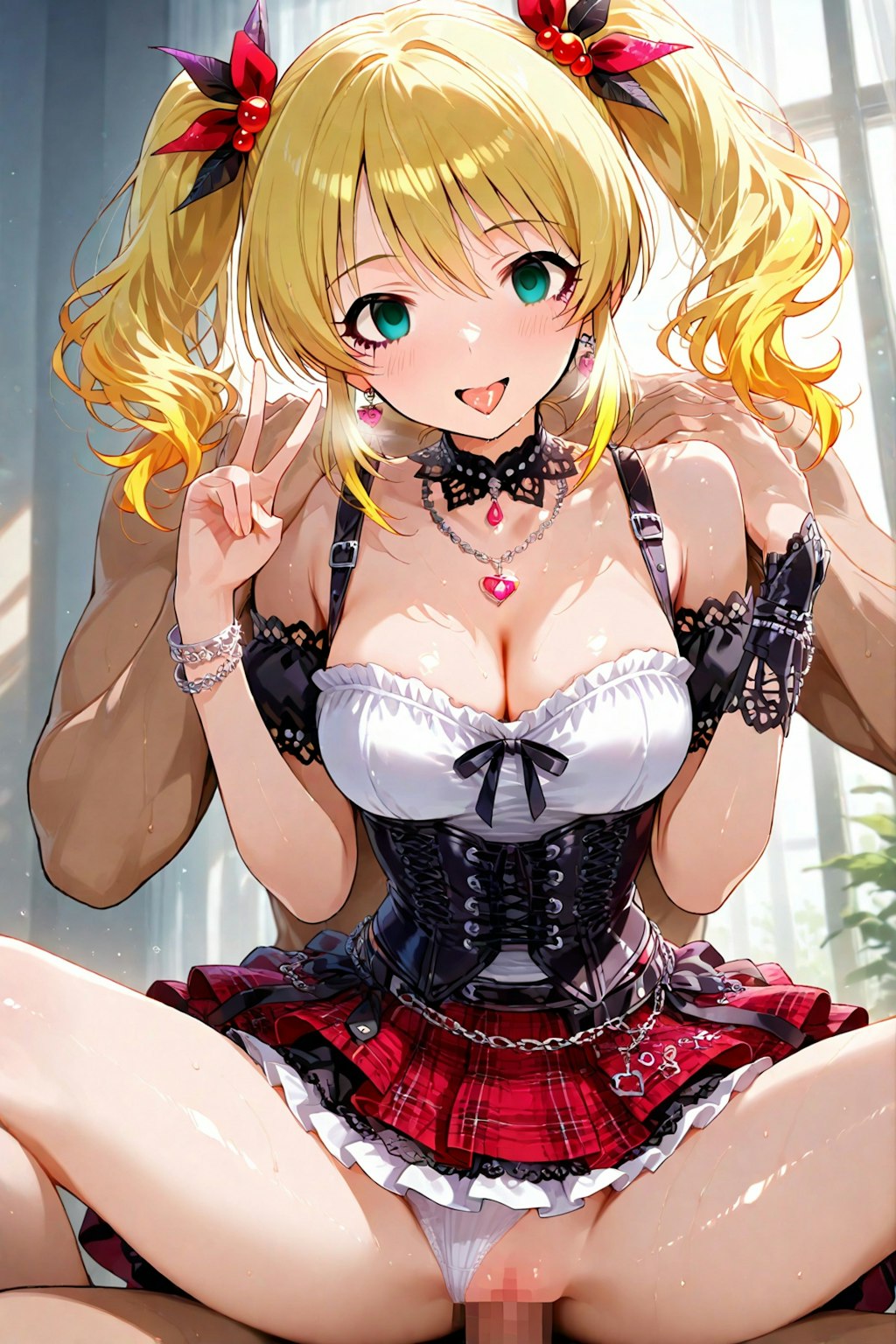 背面座位でダブルピース