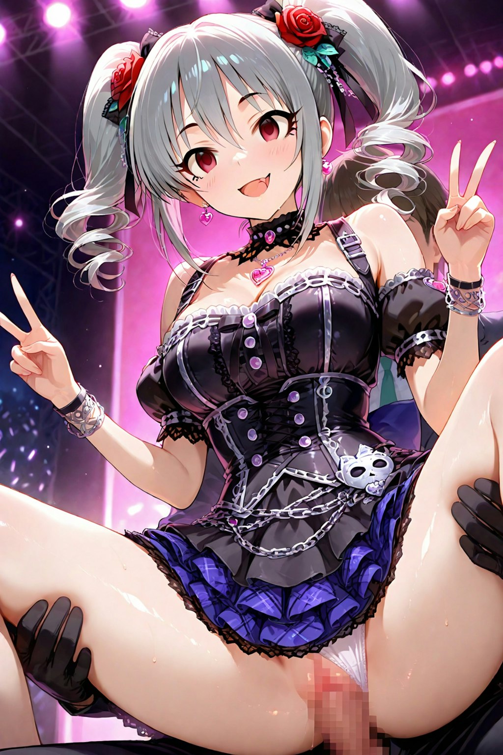 背面座位でダブルピース