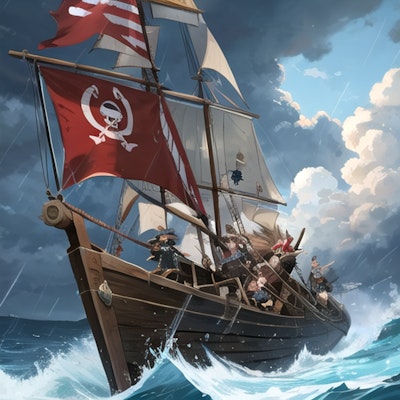 荒波の中を進む海賊船