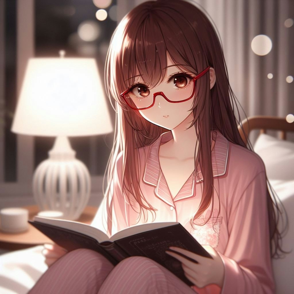 寝室で読書をするメガネをかけた少女