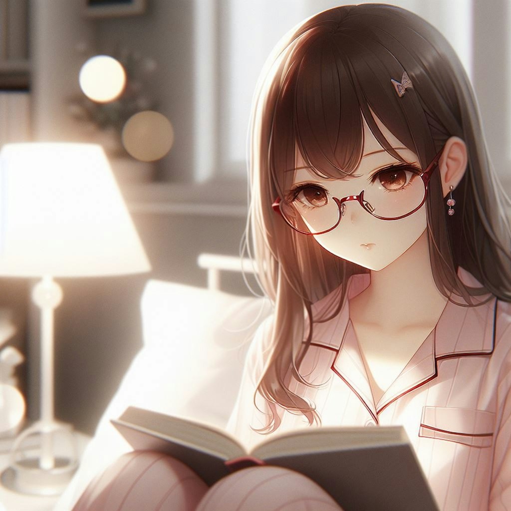 寝室で読書をするメガネをかけた少女