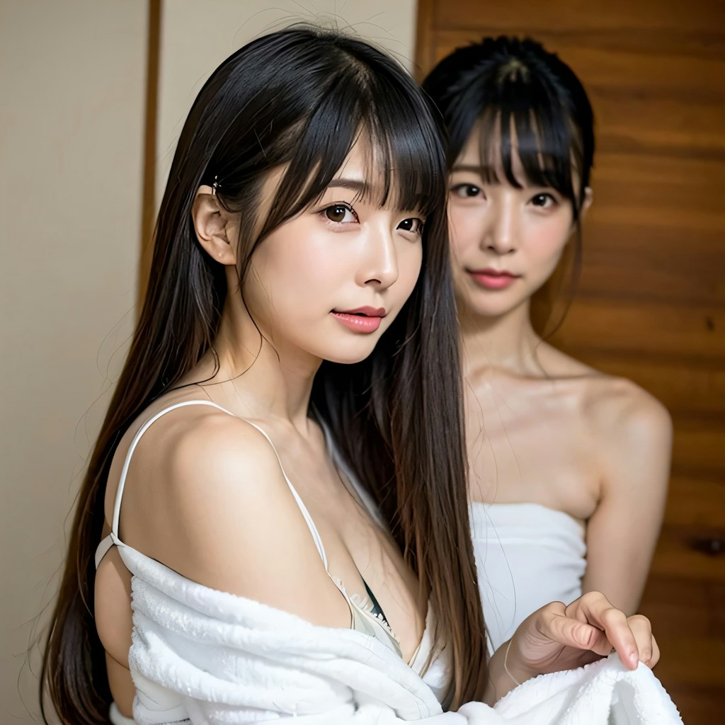 黒髪ロングでお風呂の美女と美女