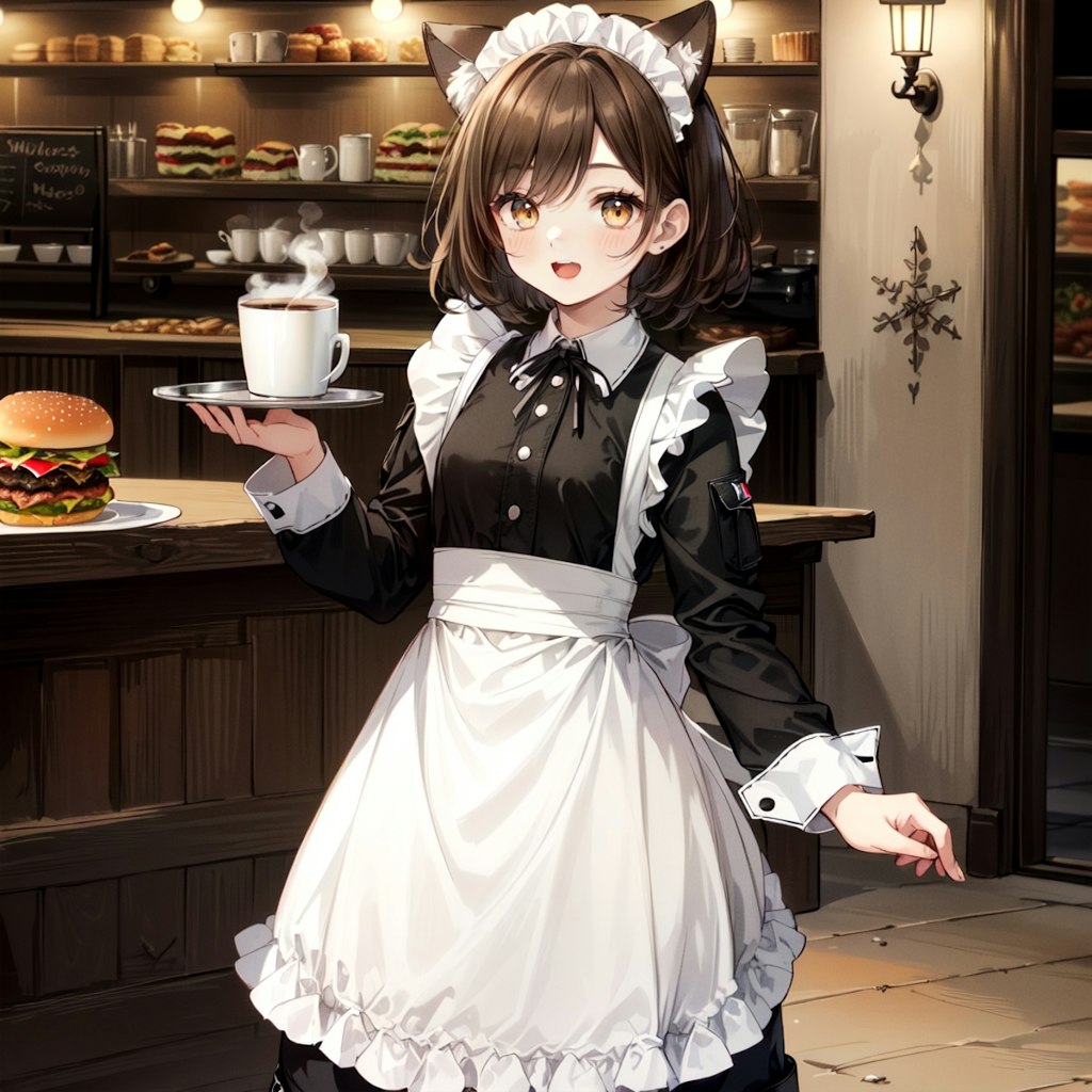 出来上がったハンバーガーと珈琲を運ぶ喫茶店で働く猫娘