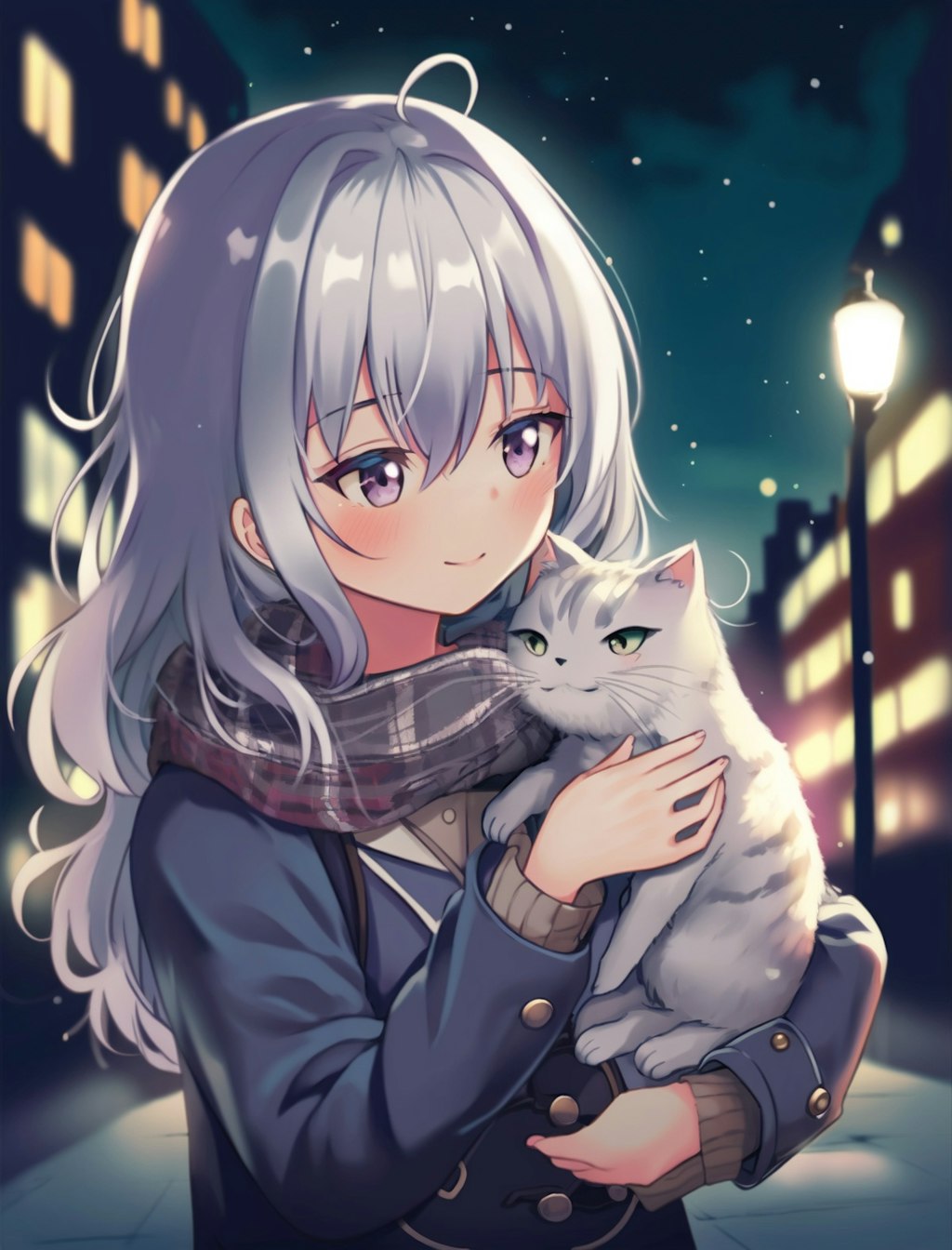 銀髪美少女と猫