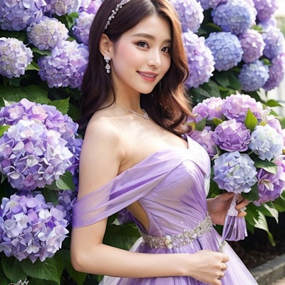紫陽花とウエディングドレス