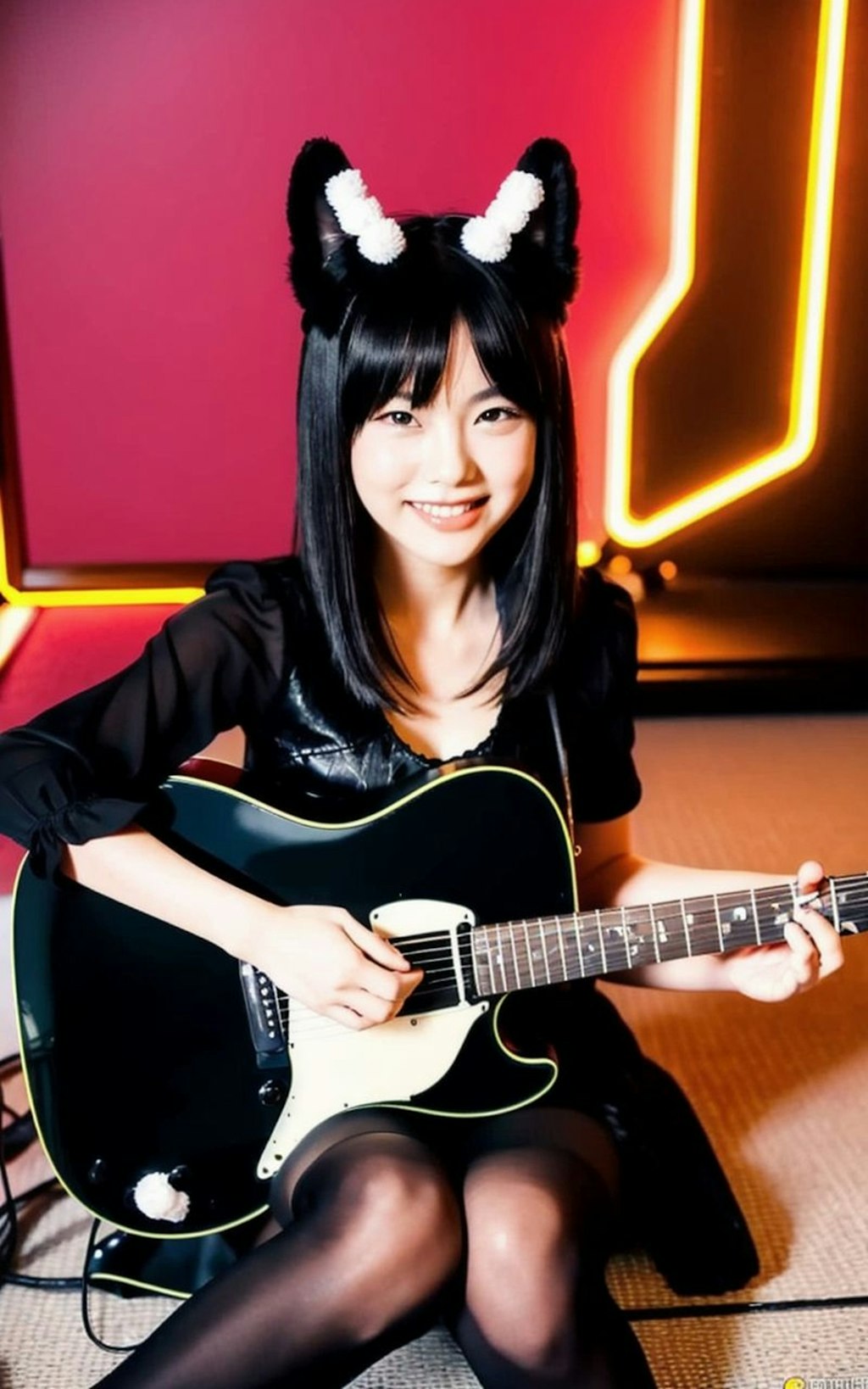 黒猫美女のギタープレイ