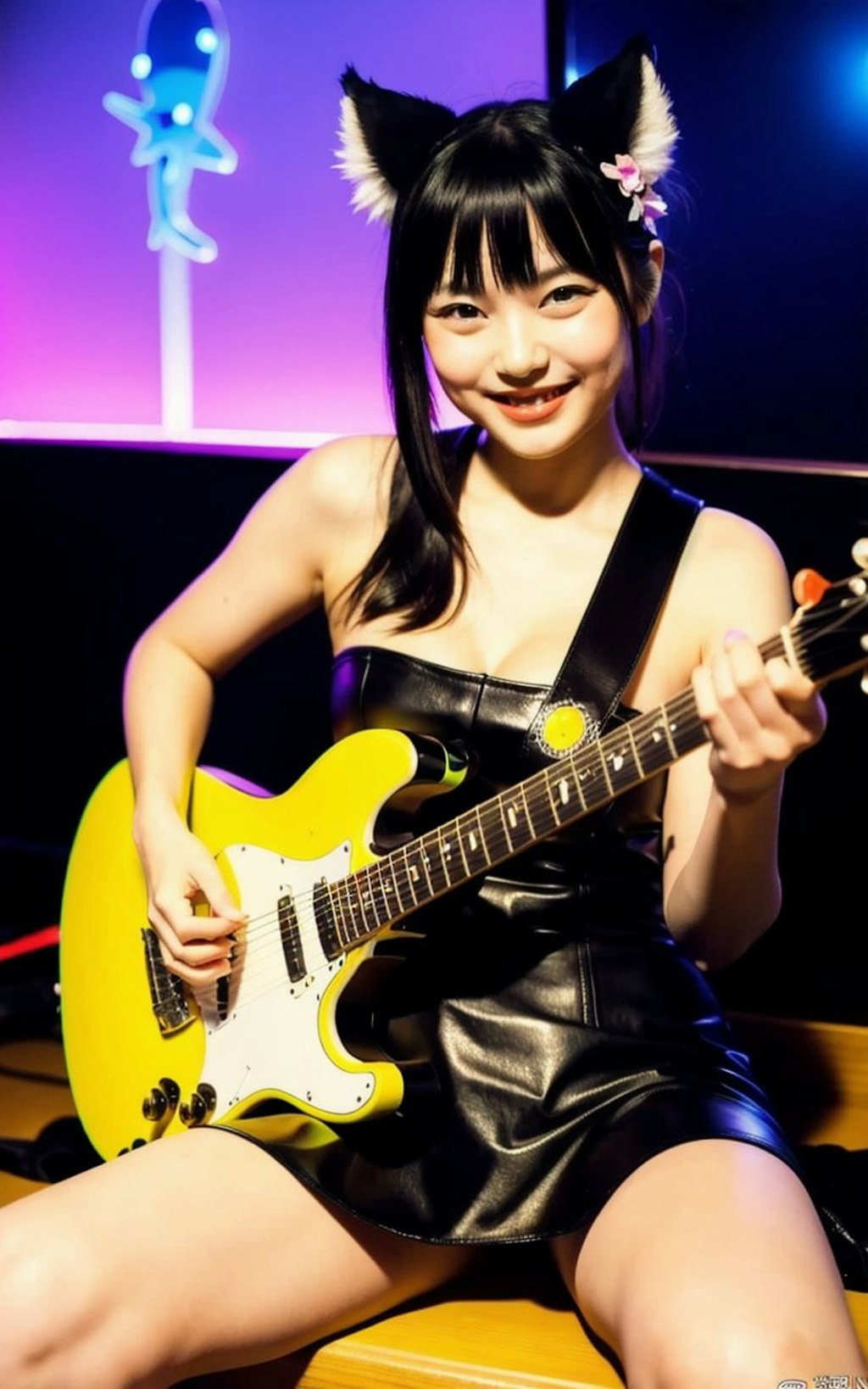黒猫美女のギタープレイ