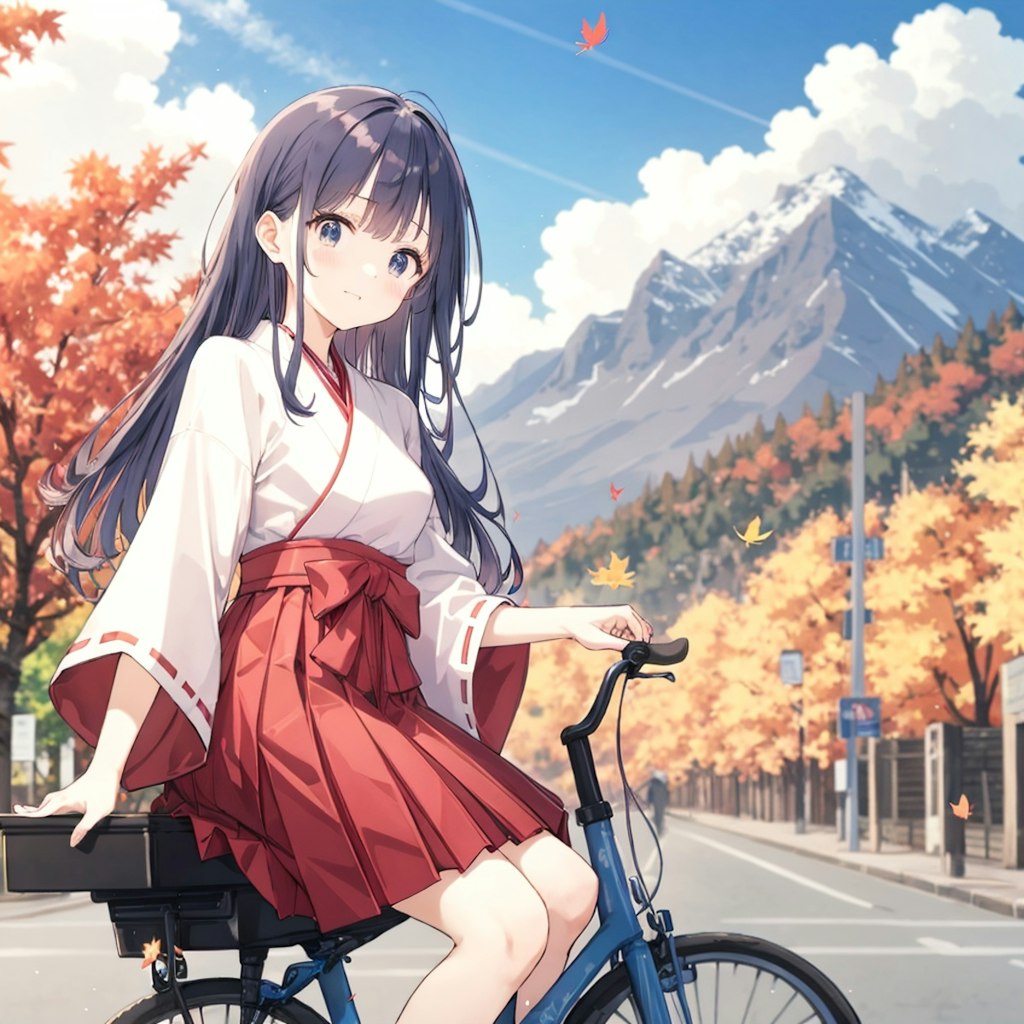 紅葉の山、自転車に乗る巫女