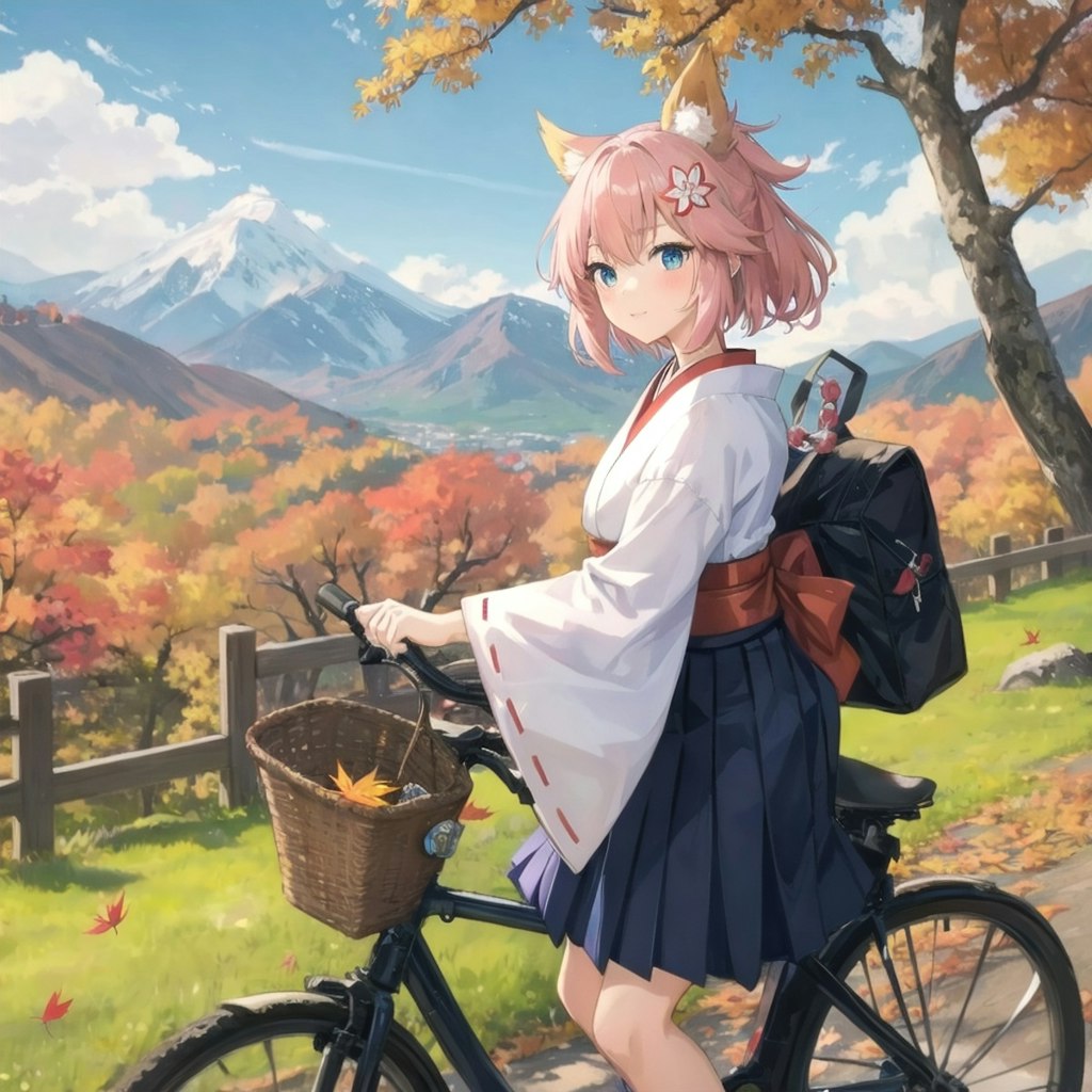 紅葉の山、自転車に乗る巫女