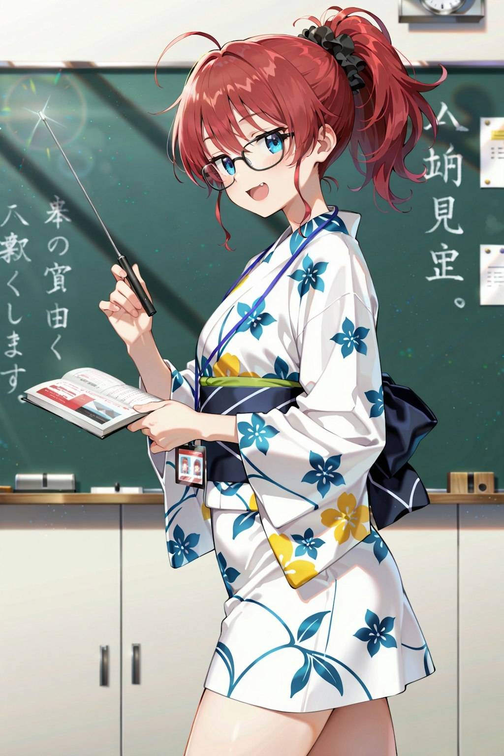 ミニ丈浴衣で授業を行うジト目先生
