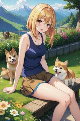 山と犬と女の子