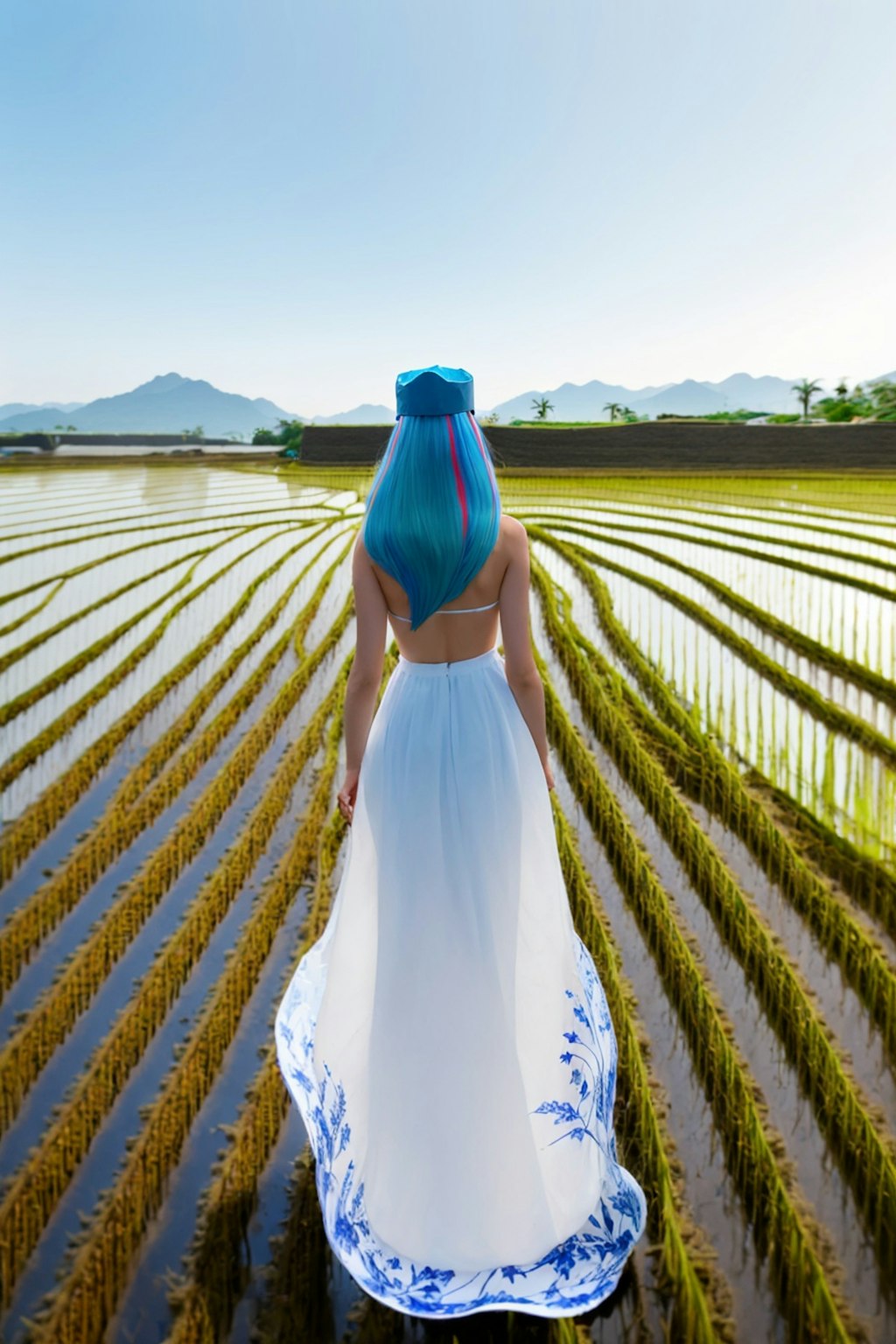 p138 クリスタルブルーの髪、川の畔にしたら水田の中、帽子はfloppy hat(1，2枚目)にしたら鍔の大きな帽子に出来ました。