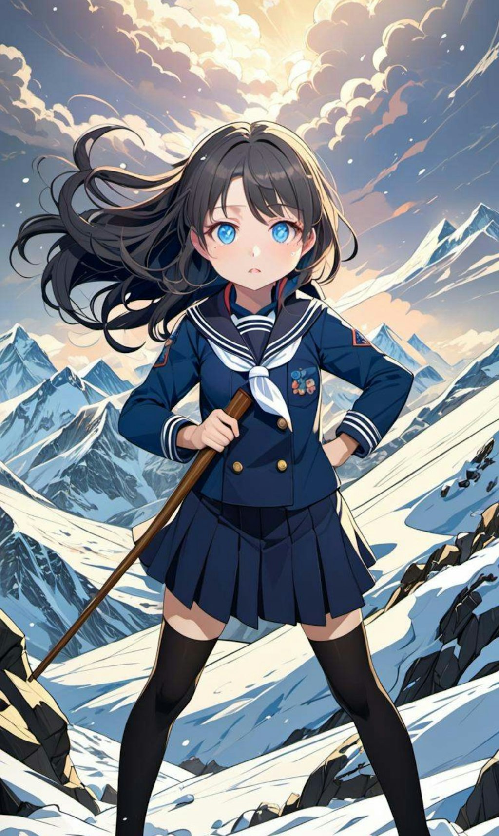 制服で登山している少女