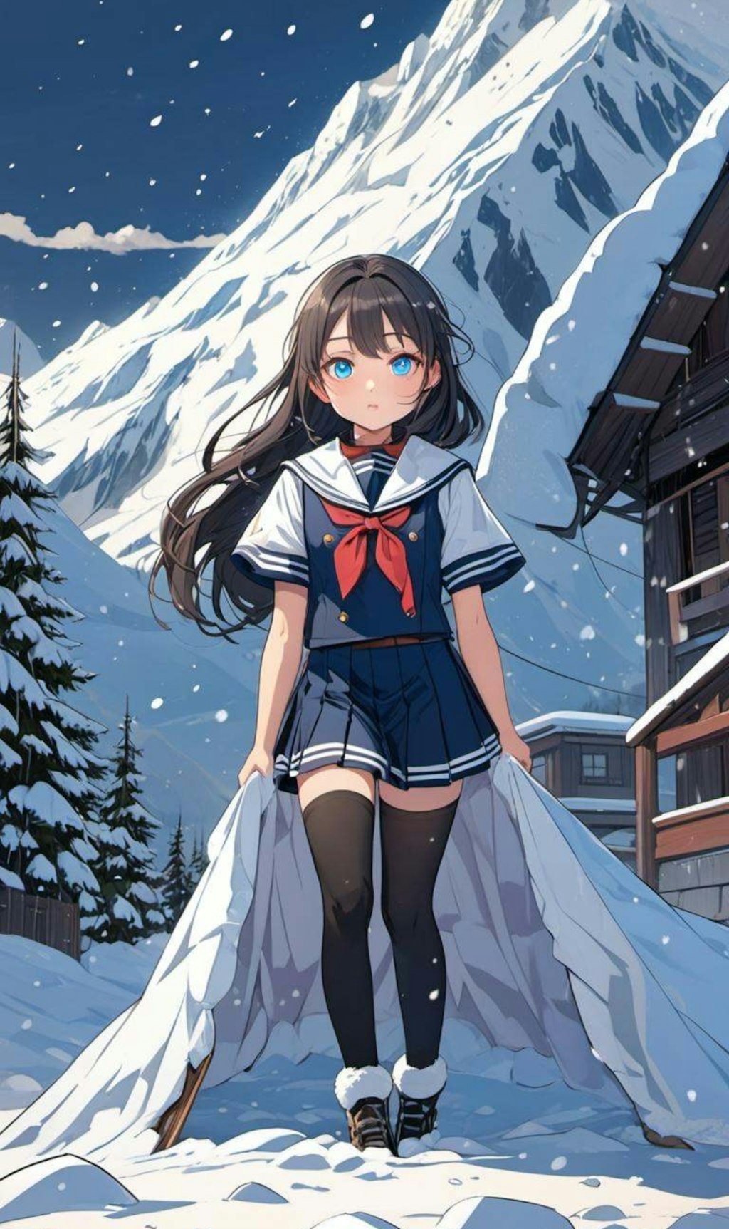 制服で登山している少女