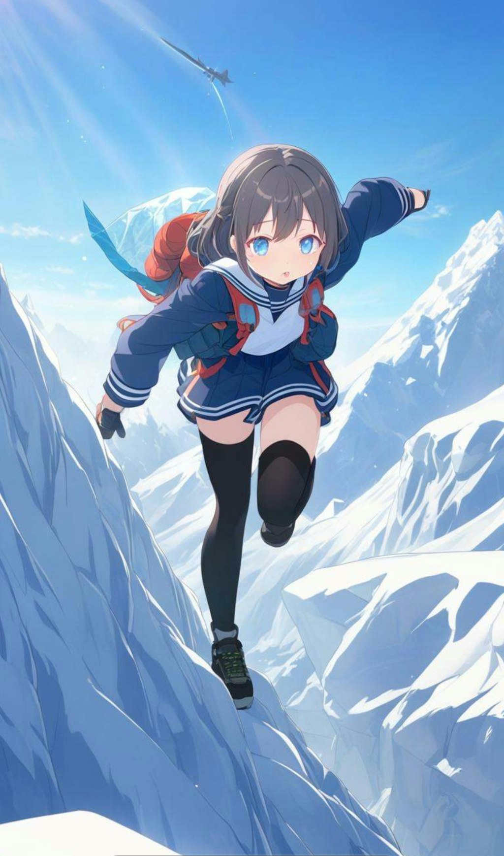 制服で登山している少女