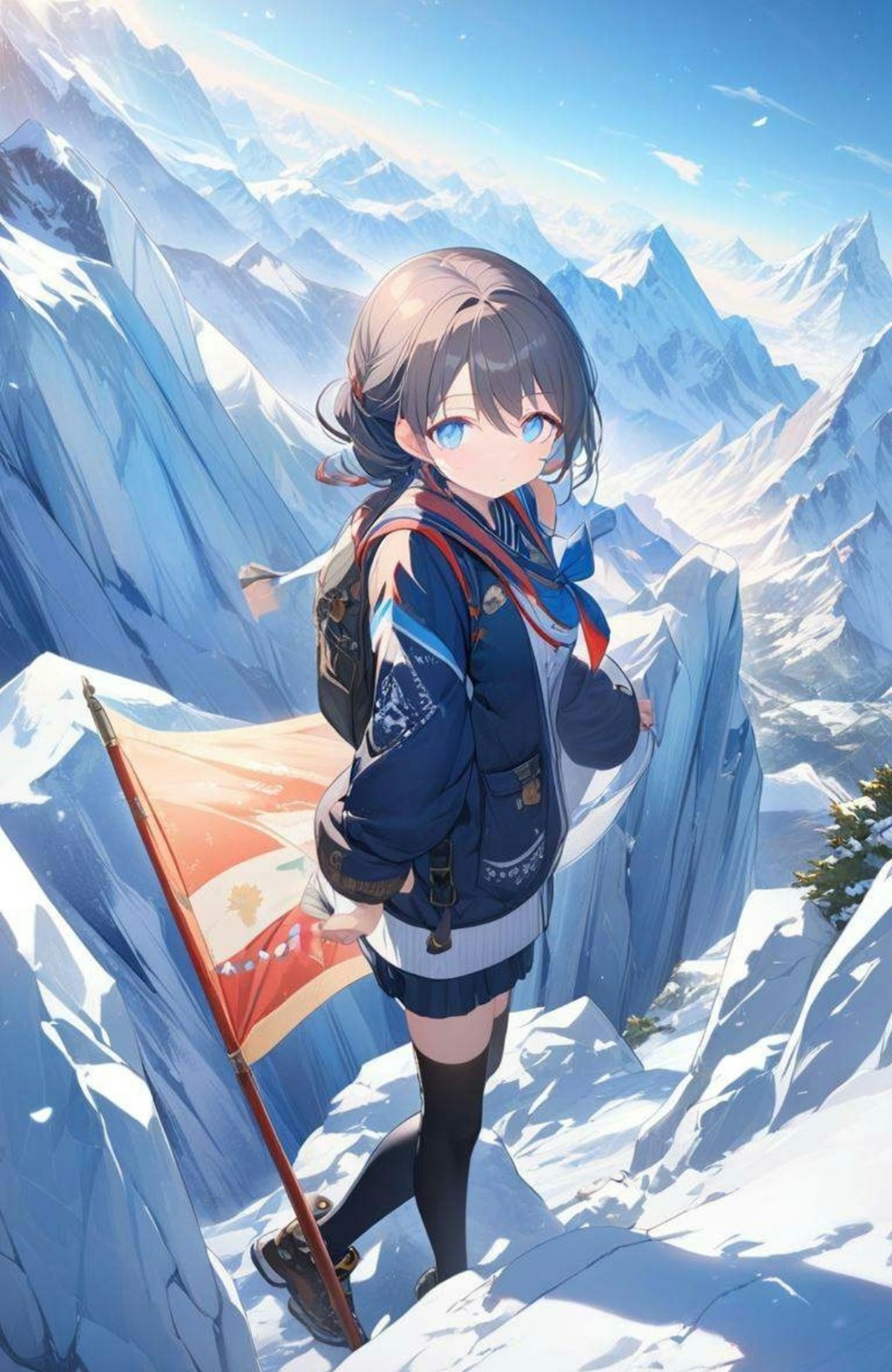 制服で登山している少女