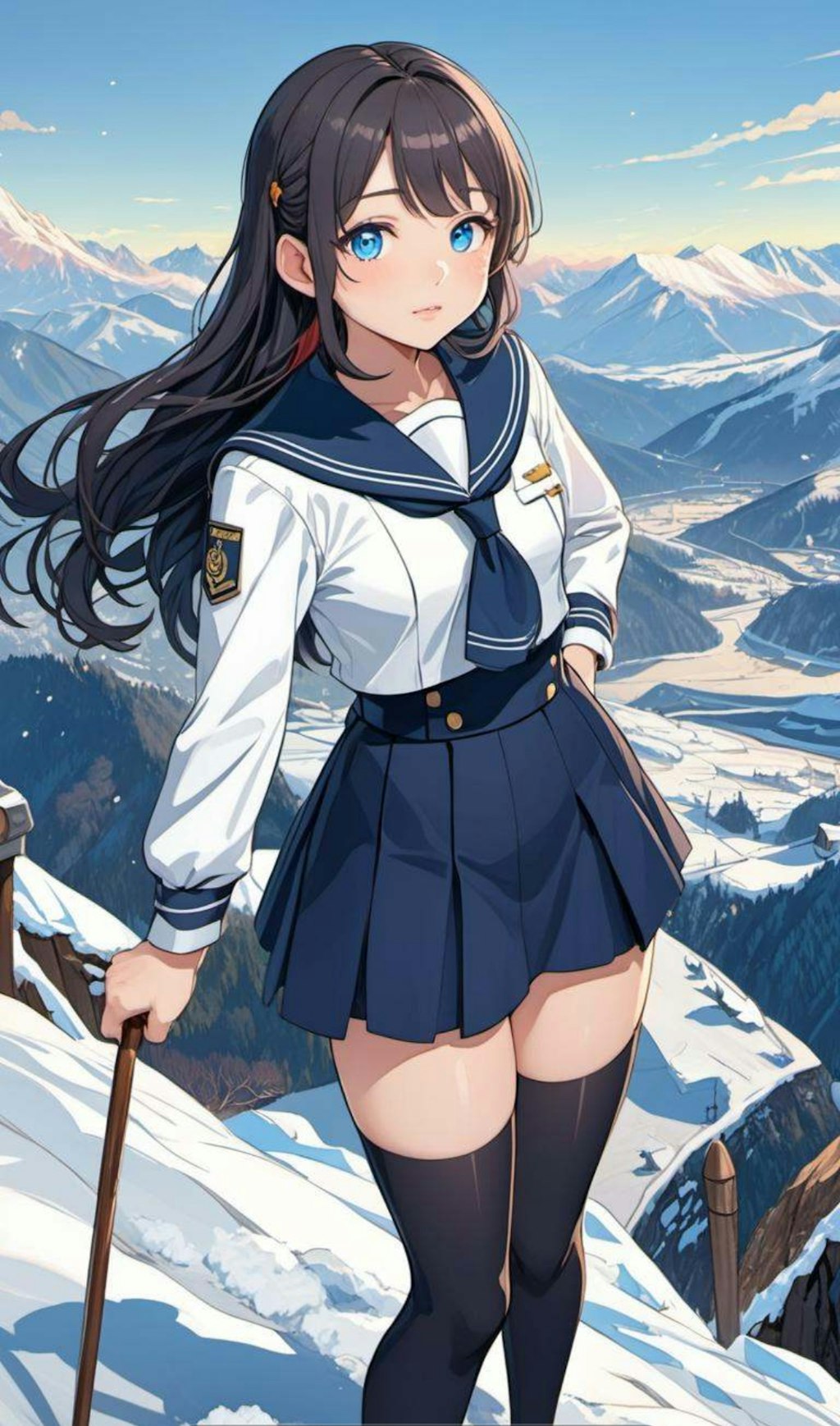 制服で登山している少女