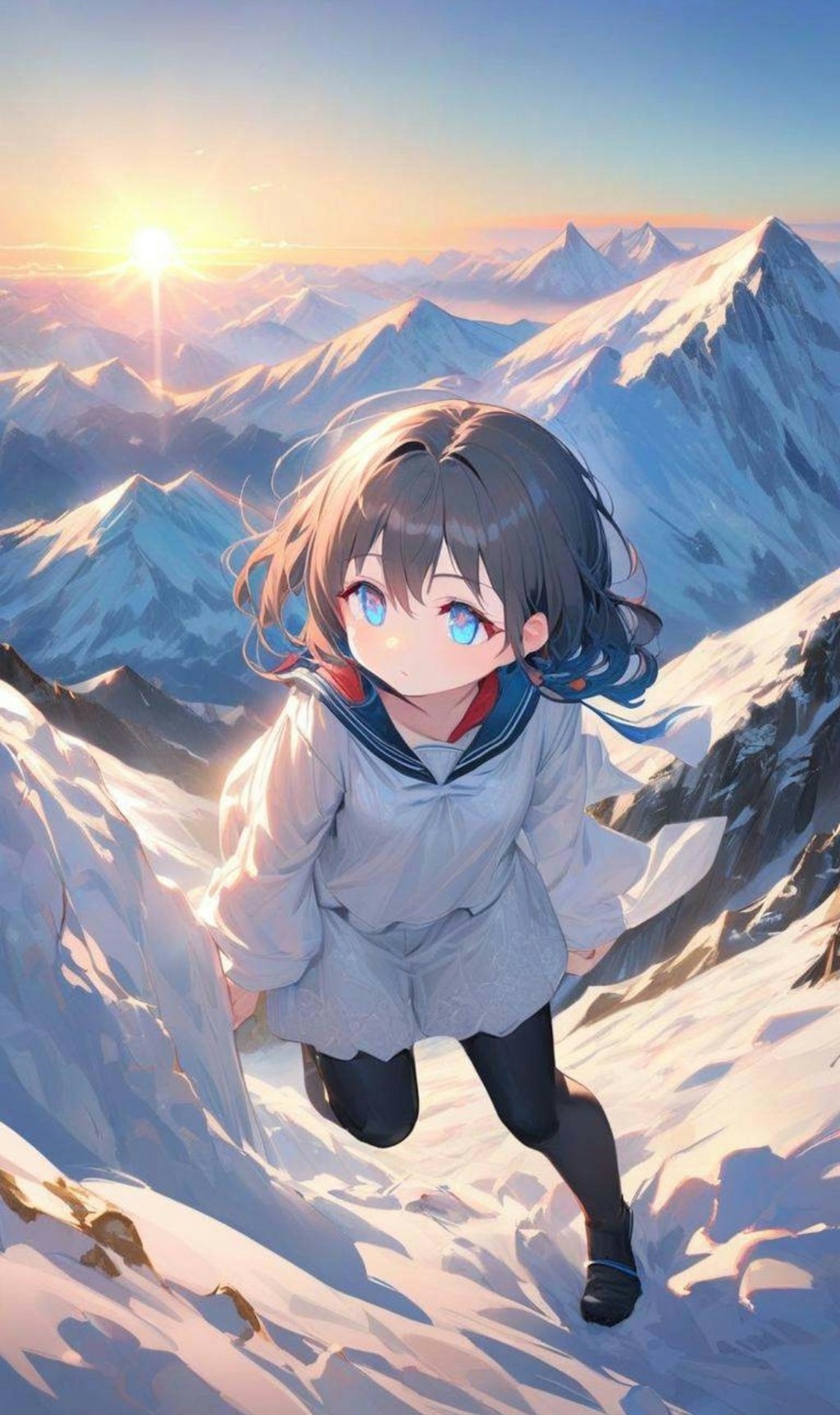 制服で登山している少女