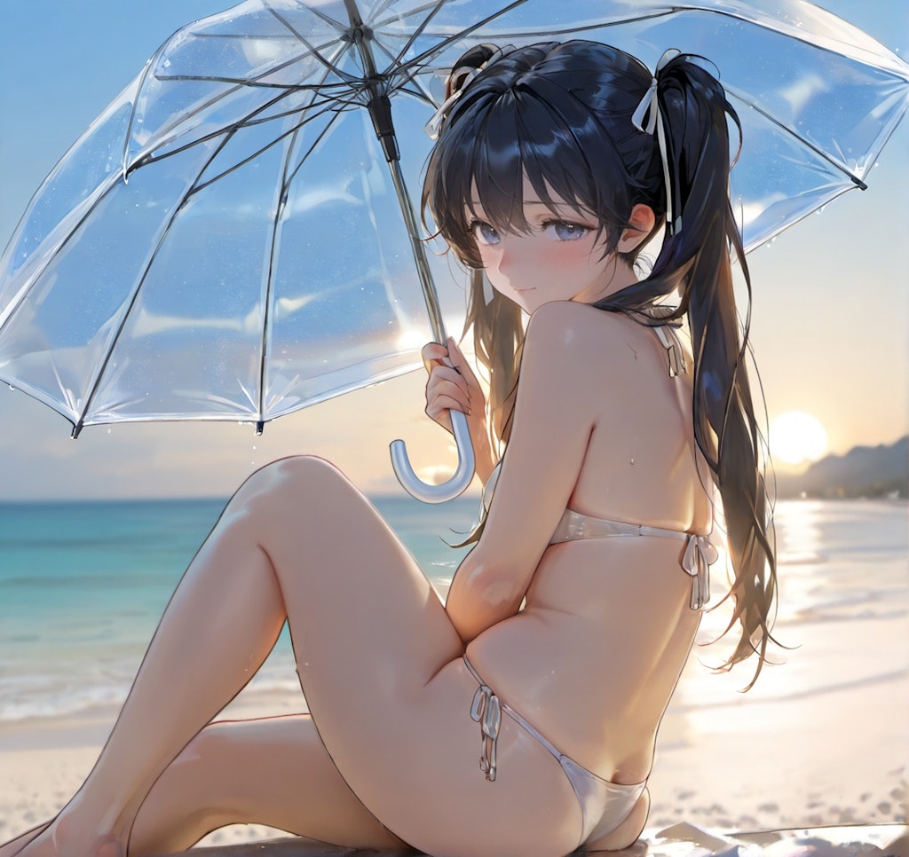 傘とベージュビキニ