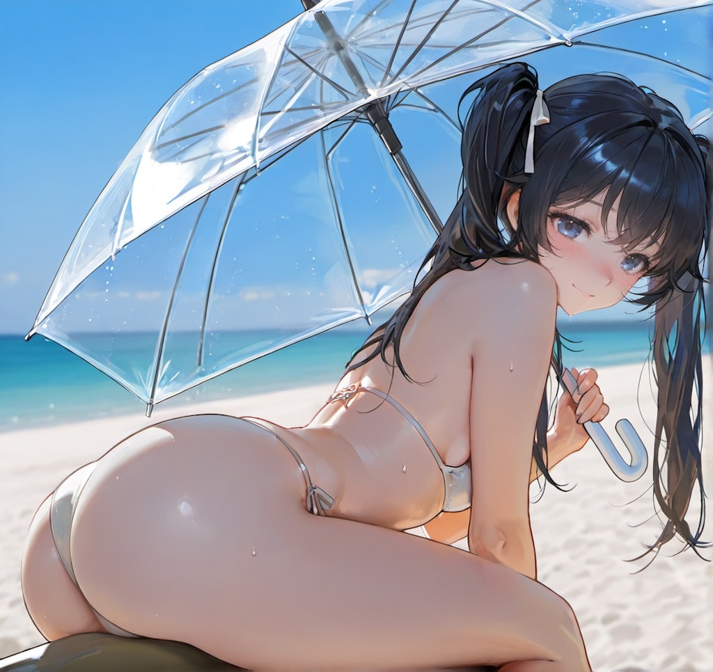 傘とベージュビキニ