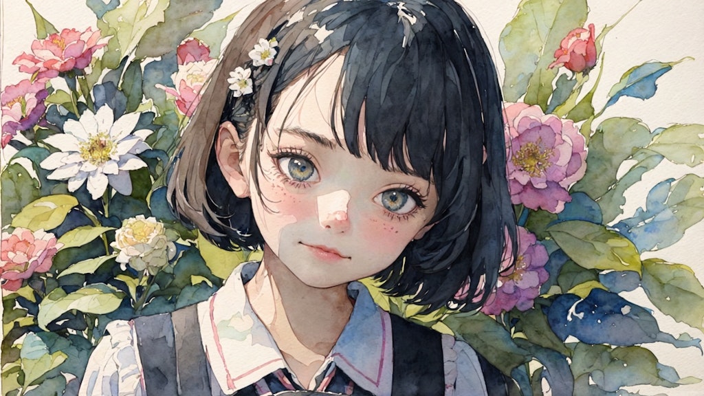 watercolor : girl : flower