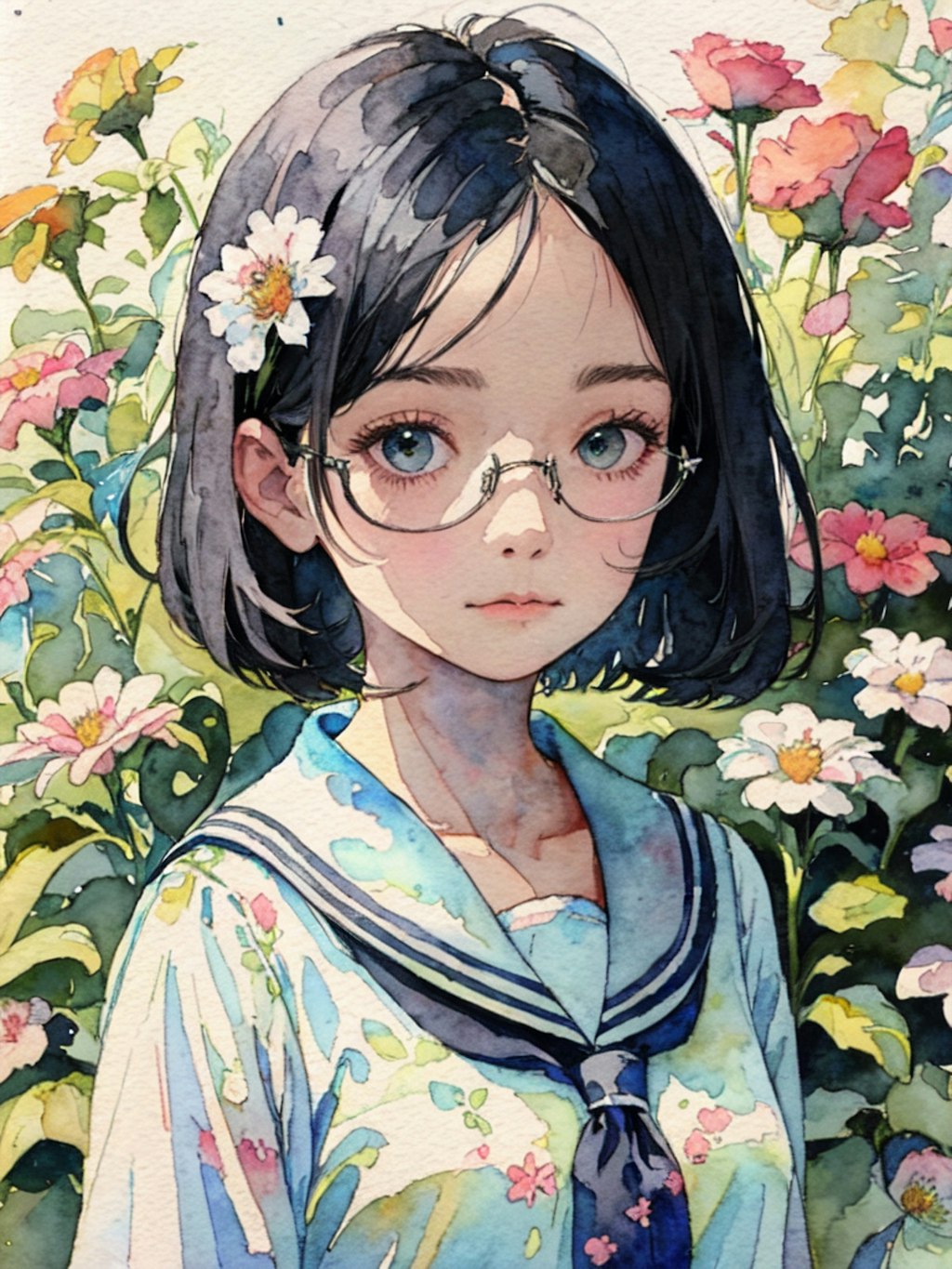 watercolor : girl : flower