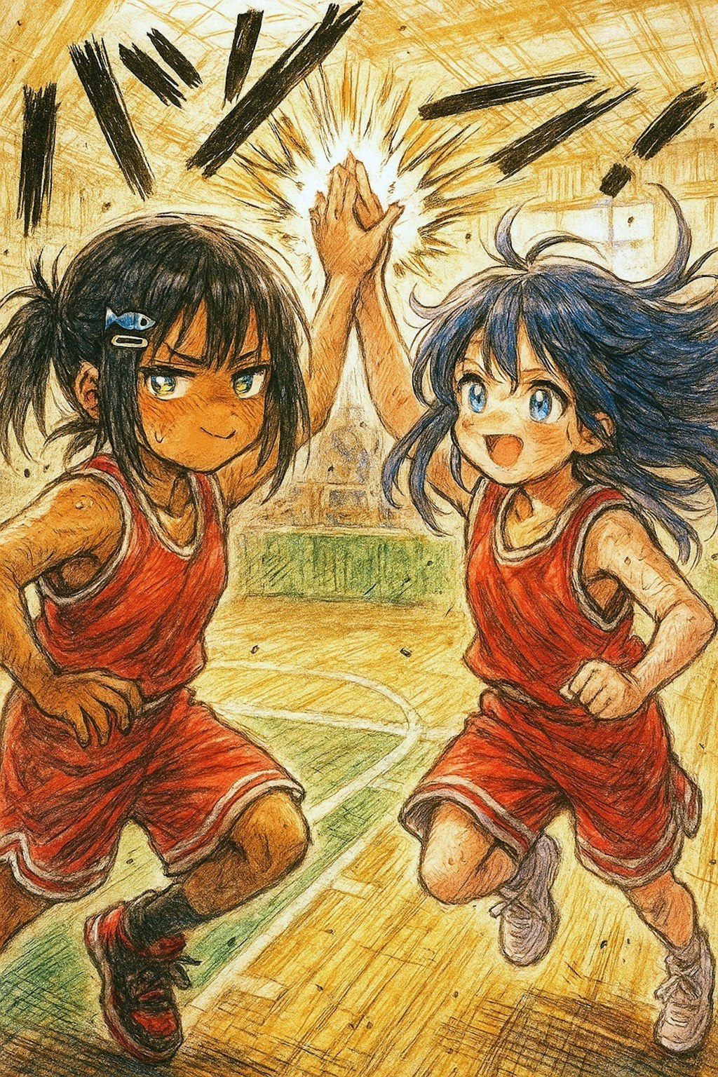 バスケで喜びを分かち合うこなつちゃんと小さな女の子