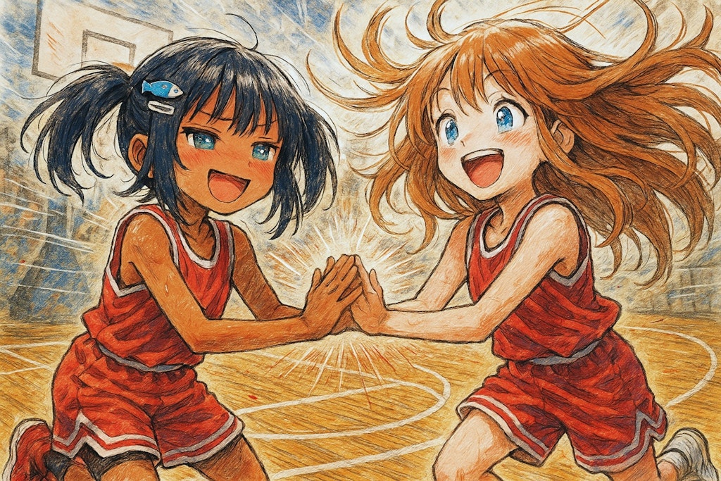 バスケで喜びを分かち合うこなつちゃんと小さな女の子