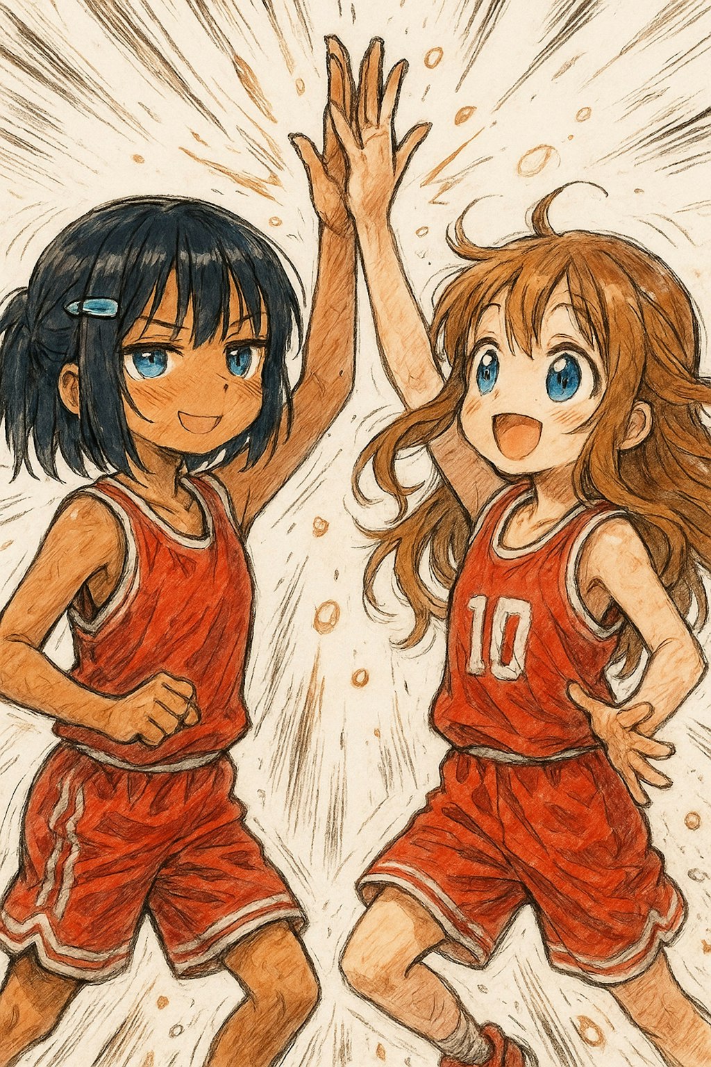 バスケで喜びを分かち合うこなつちゃんと小さな女の子