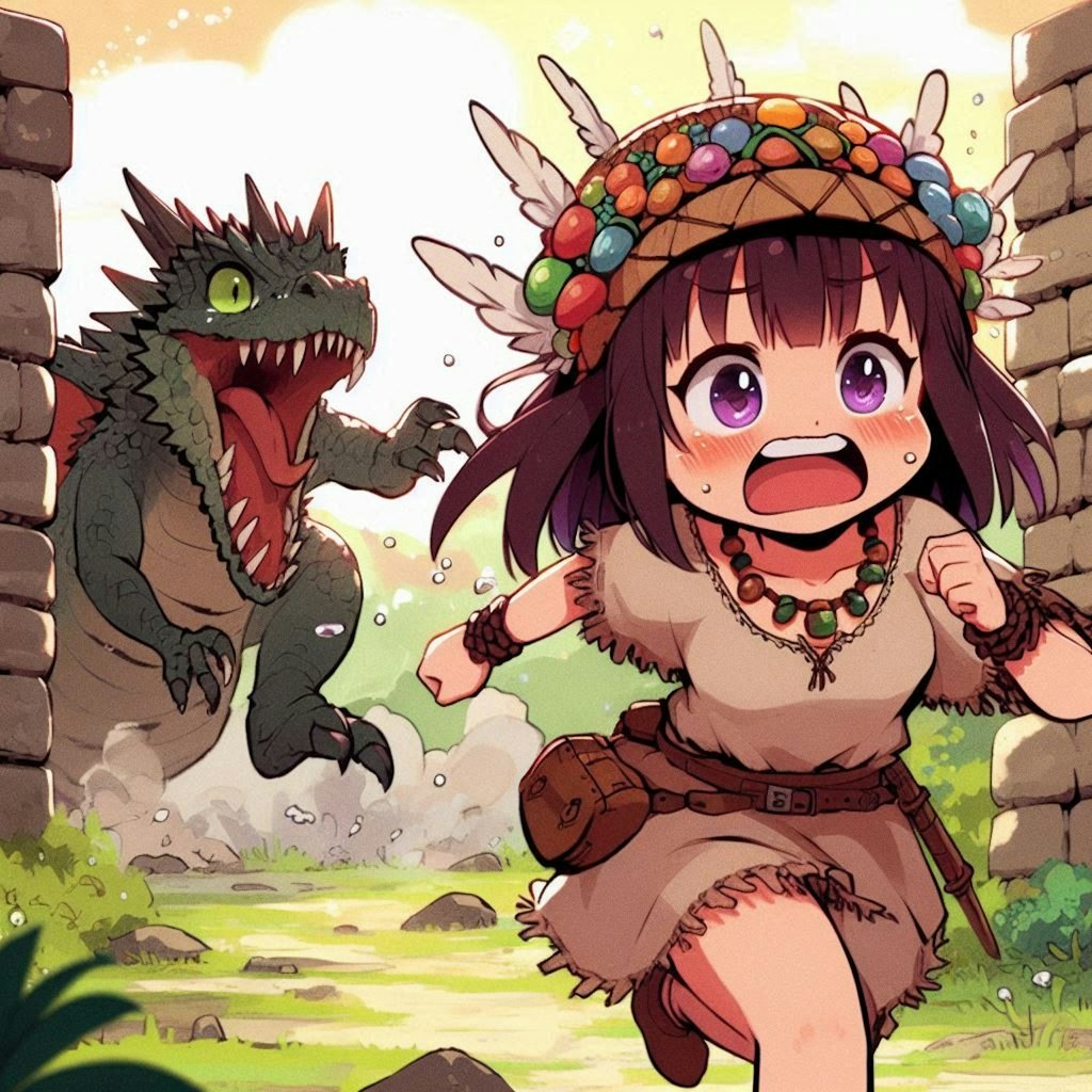 ドラゴンに追われる　原始人の少女